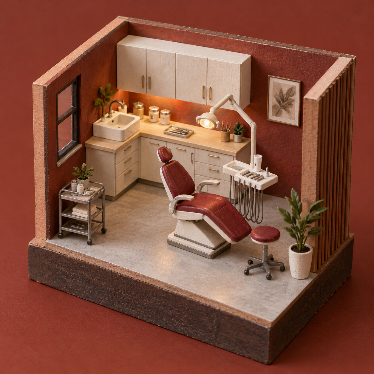 Illustrative scene of independent dental practice: pale cabinets, a task light, a ceramic sink